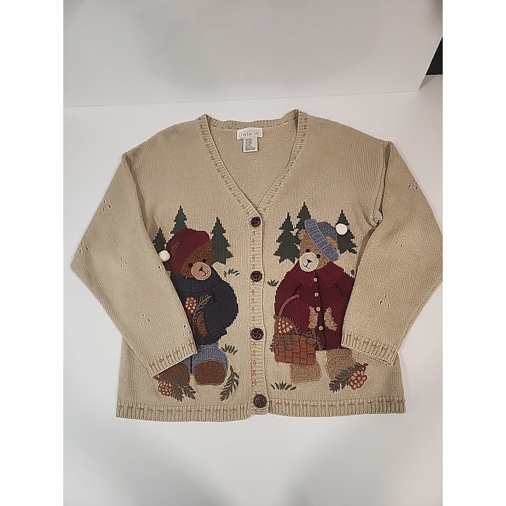 Vintage Mandal Bay Bears In Sweaters Sweater Button Up Women's Large Holiday 90s